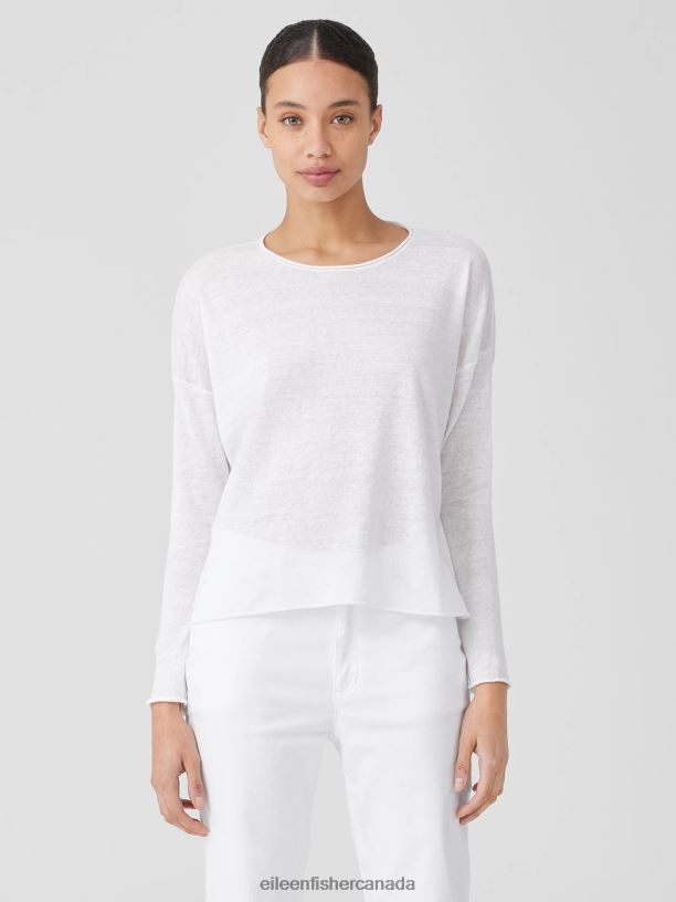 EILEEN FISHER Organic Linen Cotton Jersey Crew Neck Top Boxy Fit Short Length Women WHITE Clothing 024FN388