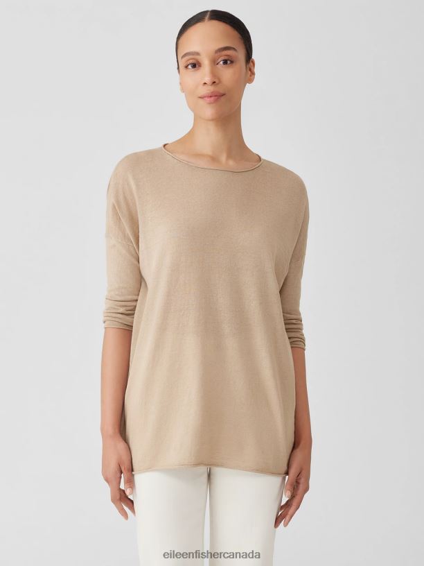 EILEEN FISHER Organic Linen Cotton Jersey Round Neck Top Boxy Fit Long Length Women BLACK Clothing 024FN372