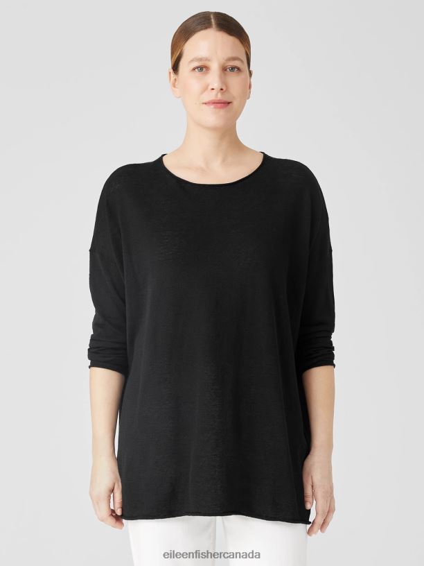 EILEEN FISHER Organic Linen Cotton Jersey Round Neck Top Boxy Fit Long Length Women BLACK Clothing 024FN373