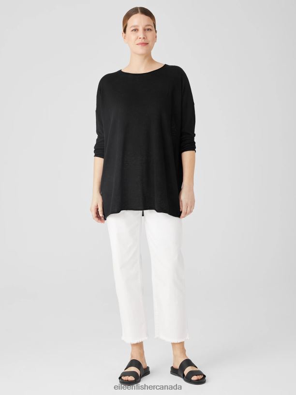EILEEN FISHER Organic Linen Cotton Jersey Round Neck Top Boxy Fit Long Length Women BLACK Clothing 024FN373