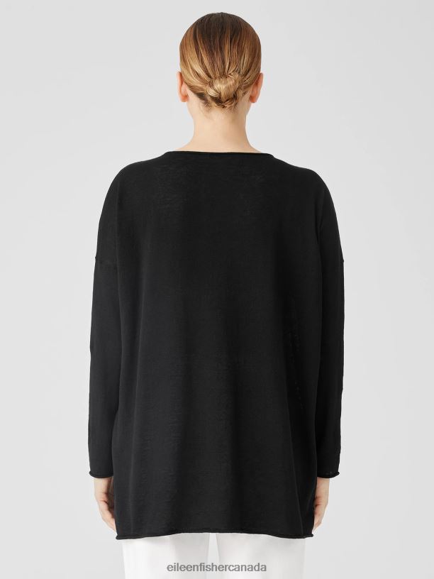 EILEEN FISHER Organic Linen Cotton Jersey Round Neck Top Boxy Fit Long Length Women BLACK Clothing 024FN373