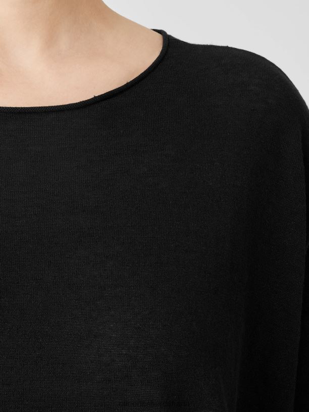 EILEEN FISHER Organic Linen Cotton Jersey Round Neck Top Boxy Fit Long Length Women BLACK Clothing 024FN373
