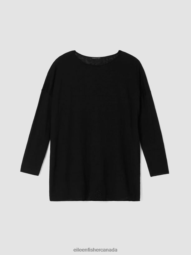 EILEEN FISHER Organic Linen Cotton Jersey Round Neck Top Boxy Fit Long Length Women BLACK Clothing 024FN373