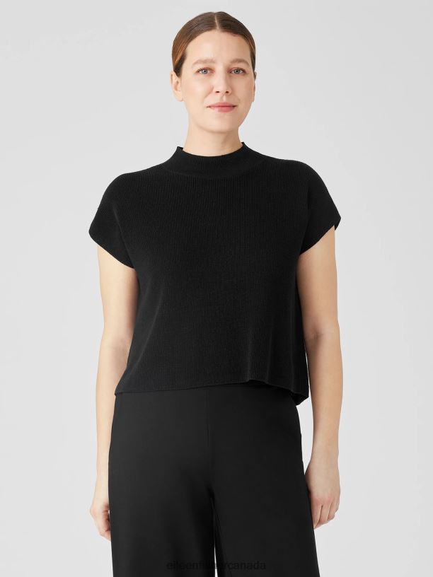 EILEEN FISHER Organic Linen Cotton Mock Neck Top Boxy Fit Short Length Women BLACK Clothing 024FN406