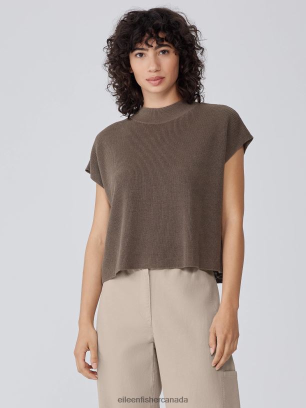 EILEEN FISHER Organic Linen Cotton Mock Neck Top Boxy Fit Short Length Women COBBLESTONE Clothing 024FN408