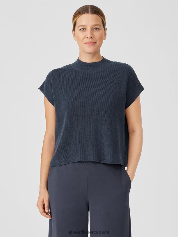 EILEEN FISHER Organic Linen Cotton Mock Neck Top Boxy Fit Short Length Women OCEAN Clothing 024FN410