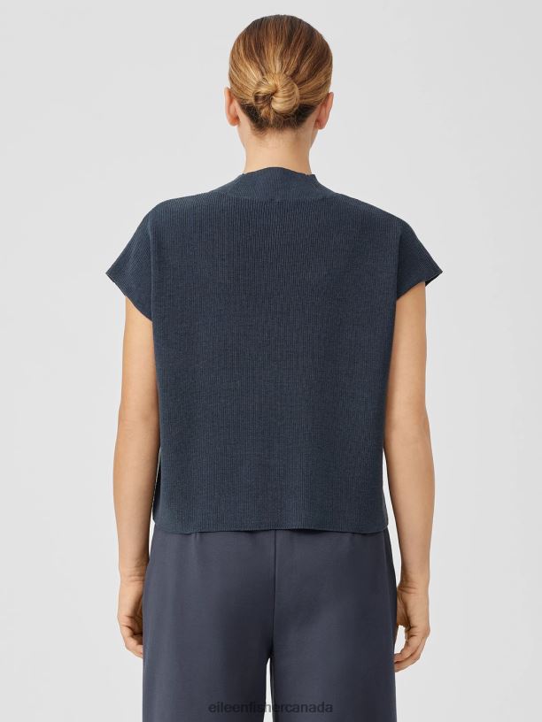 EILEEN FISHER Organic Linen Cotton Mock Neck Top Boxy Fit Short Length Women OCEAN Clothing 024FN410