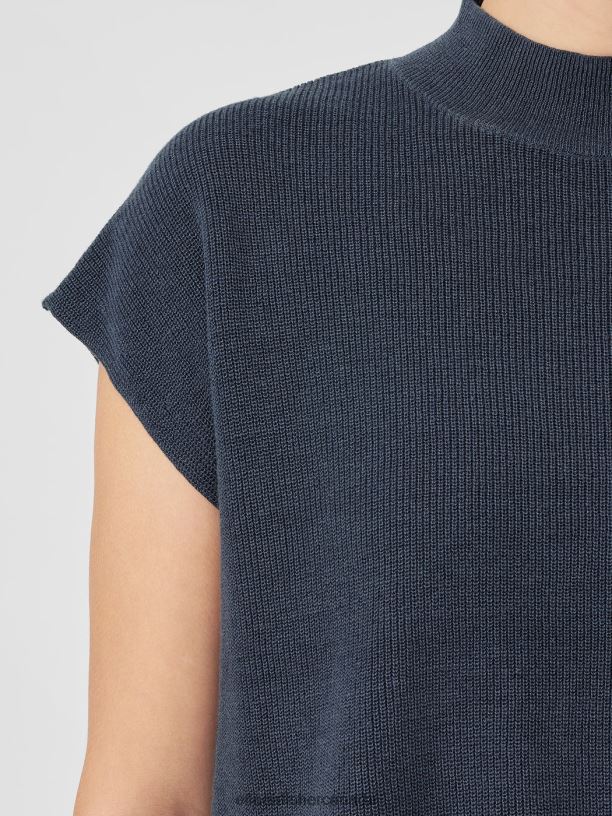 EILEEN FISHER Organic Linen Cotton Mock Neck Top Boxy Fit Short Length Women OCEAN Clothing 024FN410