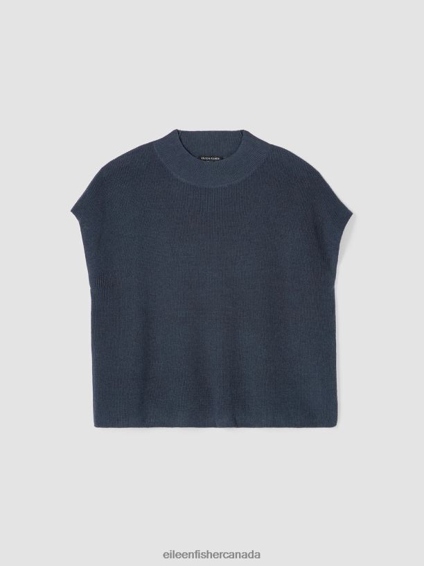 EILEEN FISHER Organic Linen Cotton Mock Neck Top Boxy Fit Short Length Women OCEAN Clothing 024FN410