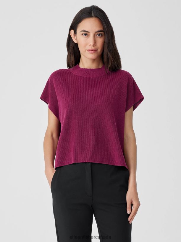 EILEEN FISHER Organic Linen Cotton Mock Neck Top Boxy Fit Short Length Women RASPBERRY Clothing 024FN409