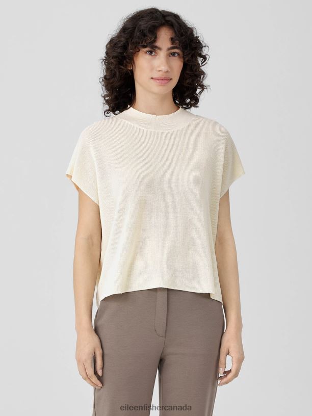EILEEN FISHER Organic Linen Cotton Mock Neck Top Boxy Fit Short Length Women SOFTWHITE Clothing 024FN407
