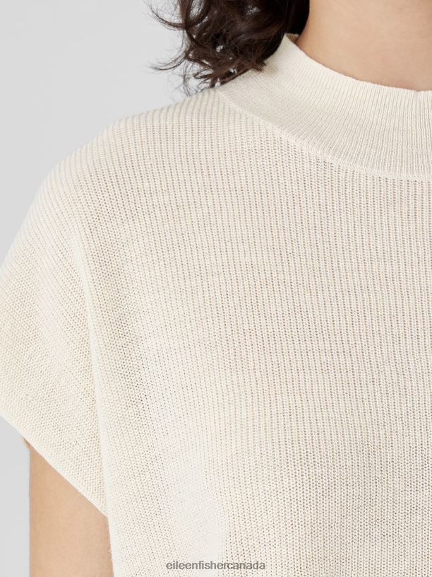EILEEN FISHER Organic Linen Cotton Mock Neck Top Boxy Fit Short Length Women SOFTWHITE Clothing 024FN407