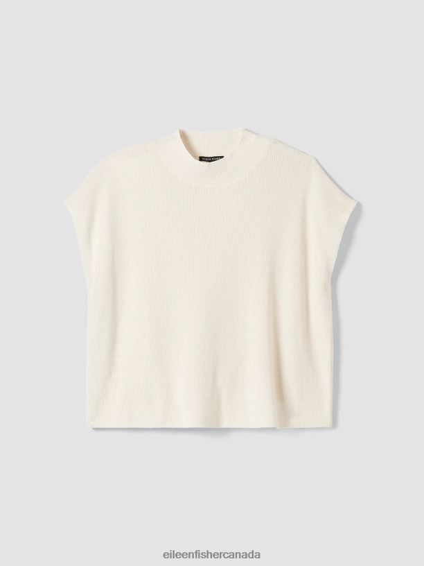 EILEEN FISHER Organic Linen Cotton Mock Neck Top Boxy Fit Short Length Women SOFTWHITE Clothing 024FN407