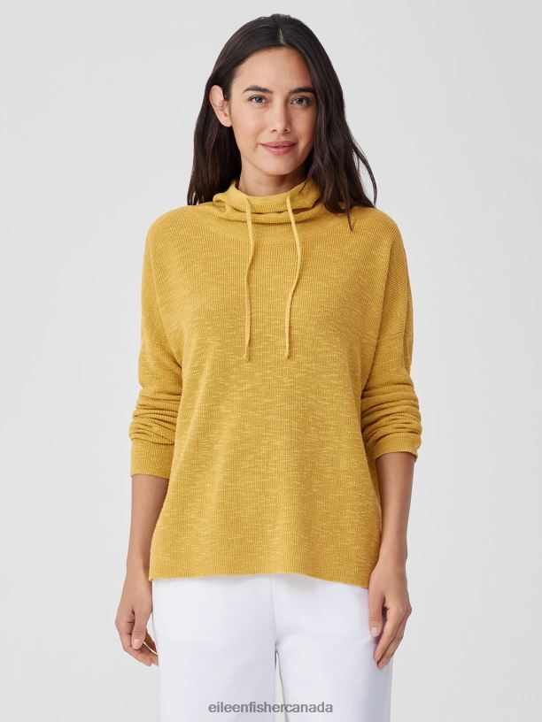 EILEEN FISHER Organic Linen Cotton Slub Funnel Neck Top Boxy Fit Basic Length Women LEMON DROP Clothing 024FN417