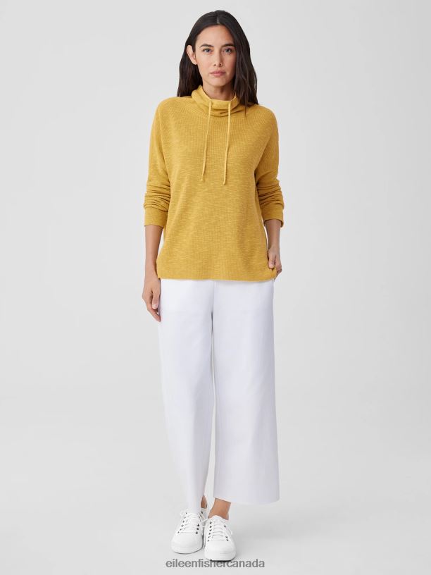 EILEEN FISHER Organic Linen Cotton Slub Funnel Neck Top Boxy Fit Basic Length Women LEMON DROP Clothing 024FN417