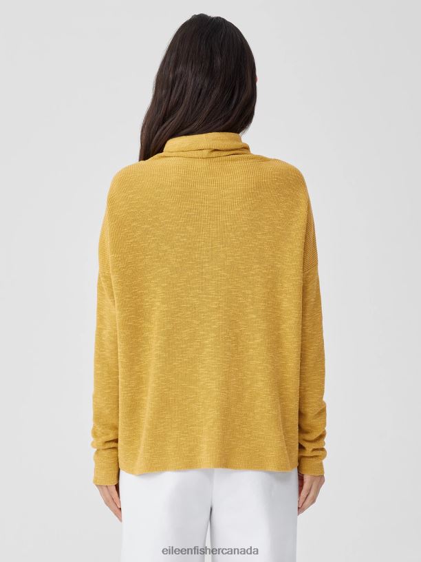 EILEEN FISHER Organic Linen Cotton Slub Funnel Neck Top Boxy Fit Basic Length Women LEMON DROP Clothing 024FN417