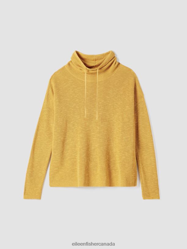 EILEEN FISHER Organic Linen Cotton Slub Funnel Neck Top Boxy Fit Basic Length Women LEMON DROP Clothing 024FN417