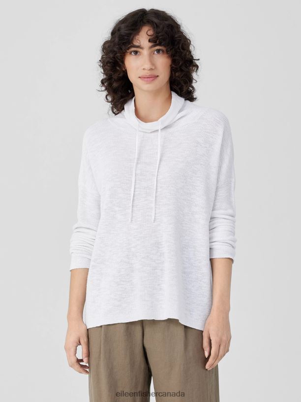 EILEEN FISHER Organic Linen Cotton Slub Funnel Neck Top Boxy Fit Basic Length Women WHITE Clothing 024FN415