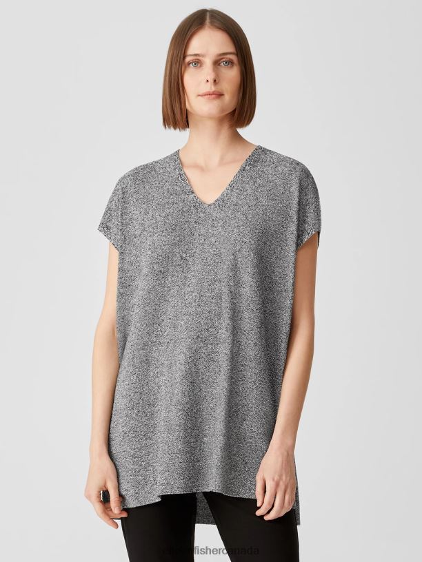 EILEEN FISHER Organic Linen Cotton Twist V-Neck Top Boxy Fit Long Length Women BLACK/WHITE Clothing 024FN487