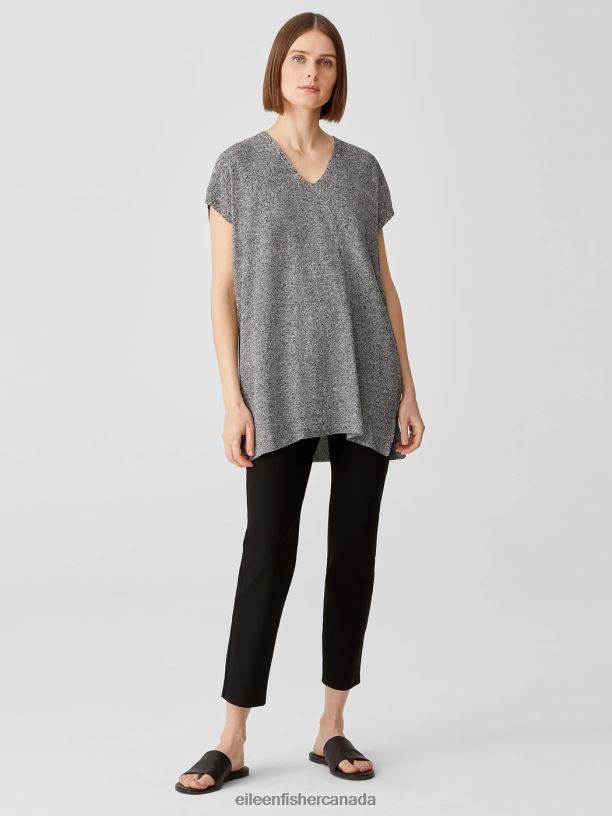 EILEEN FISHER Organic Linen Cotton Twist V-Neck Top Boxy Fit Long Length Women BLACK/WHITE Clothing 024FN487