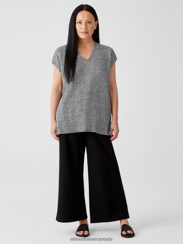 EILEEN FISHER Organic Linen Cotton Twist V-Neck Top Boxy Fit Long Length Women BLACK/WHITE Clothing 024FN487