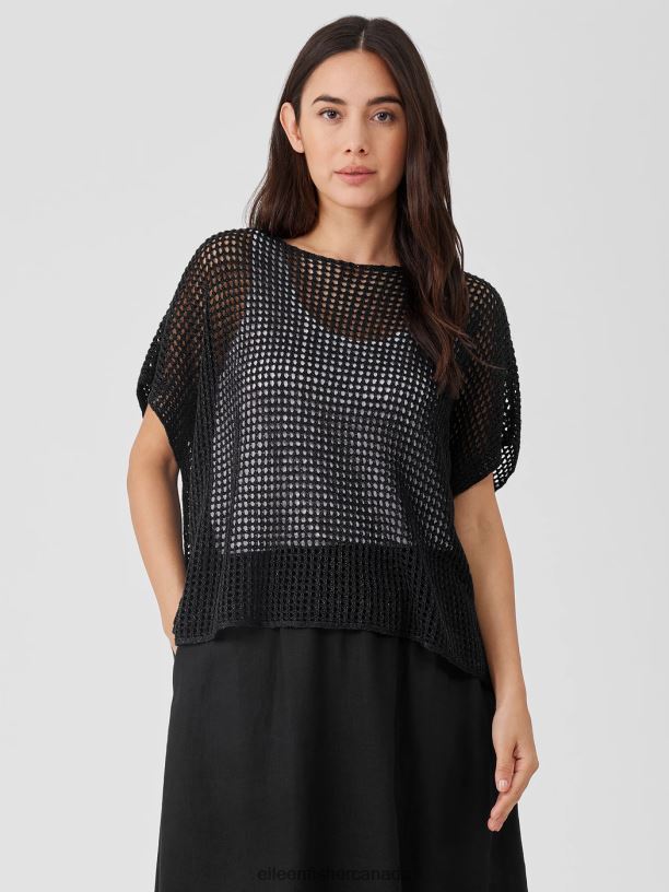 EILEEN FISHER Organic Linen DelaveBateau Neck Top Boxy Fit Short Length Women BLACK Clothing 024FN378