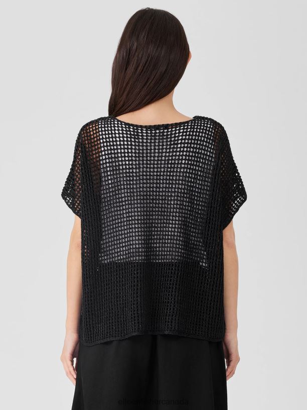 EILEEN FISHER Organic Linen DelaveBateau Neck Top Boxy Fit Short Length Women BLACK Clothing 024FN378