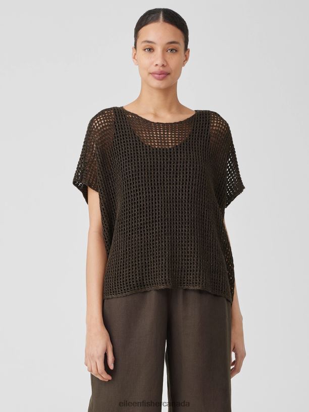 EILEEN FISHER Organic Linen DelaveBateau Neck Top Boxy Fit Short Length Women ESPRESSO Clothing 024FN379