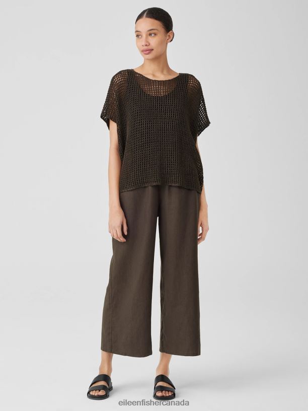 EILEEN FISHER Organic Linen DelaveBateau Neck Top Boxy Fit Short Length Women ESPRESSO Clothing 024FN379