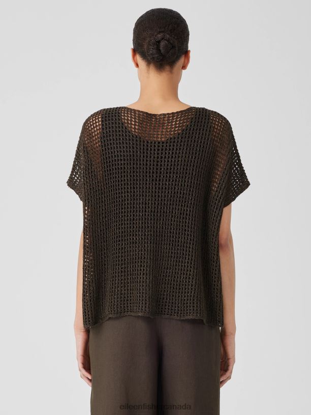 EILEEN FISHER Organic Linen DelaveBateau Neck Top Boxy Fit Short Length Women ESPRESSO Clothing 024FN379