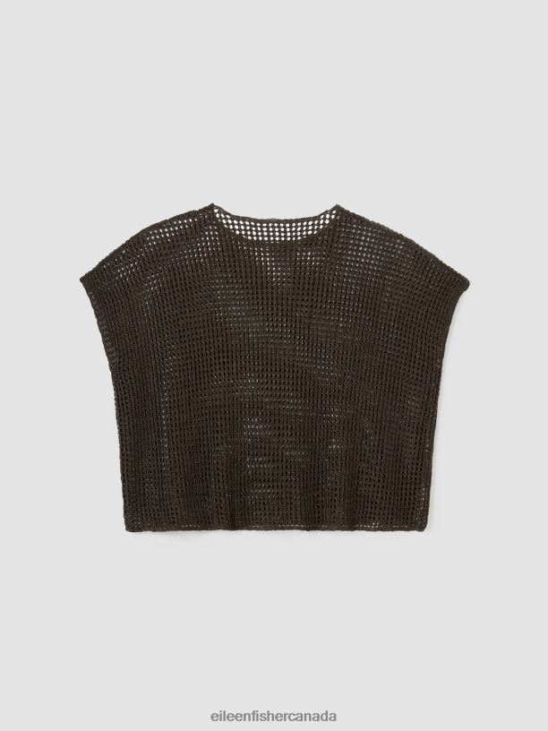 EILEEN FISHER Organic Linen DelaveBateau Neck Top Boxy Fit Short Length Women ESPRESSO Clothing 024FN379