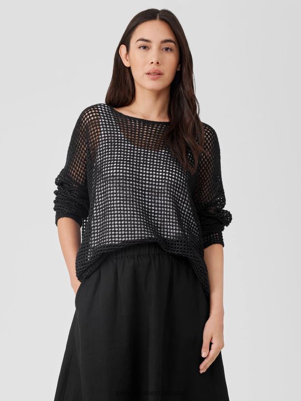 EILEEN FISHER Organic Linen DelaveRound Neck Top Boxy Fit Basic Length Women BLACK Clothing 024FN375