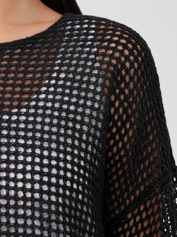 EILEEN FISHER Organic Linen DelaveRound Neck Top Boxy Fit Basic Length Women BLACK Clothing 024FN375