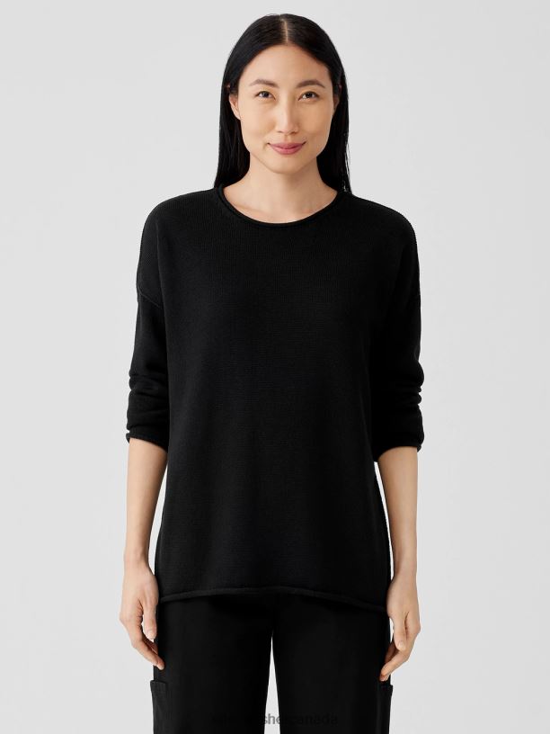 EILEEN FISHER Peruvian Cotton Blend Crew Neck Top Boxy Fit Basic Length Women BLACK Clothing 024FN435