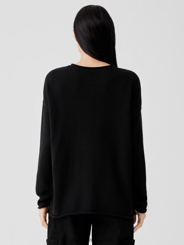 EILEEN FISHER Peruvian Cotton Blend Crew Neck Top Boxy Fit Basic Length Women BLACK Clothing 024FN435