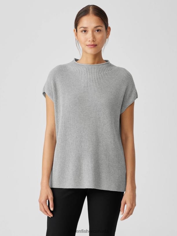EILEEN FISHER Peruvian Cotton Blend Funnel Neck Top Boxy Fit Long Length Women BLACK Clothing 024FN428