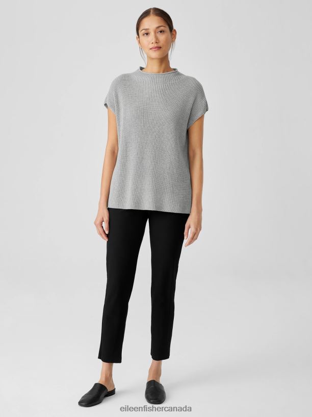 EILEEN FISHER Peruvian Cotton Blend Funnel Neck Top Boxy Fit Long Length Women BLACK Clothing 024FN428