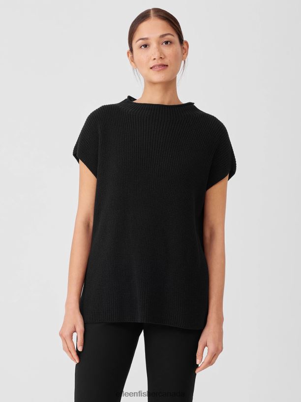 EILEEN FISHER Peruvian Cotton Blend Funnel Neck Top Boxy Fit Long Length Women BLACK Clothing 024FN429