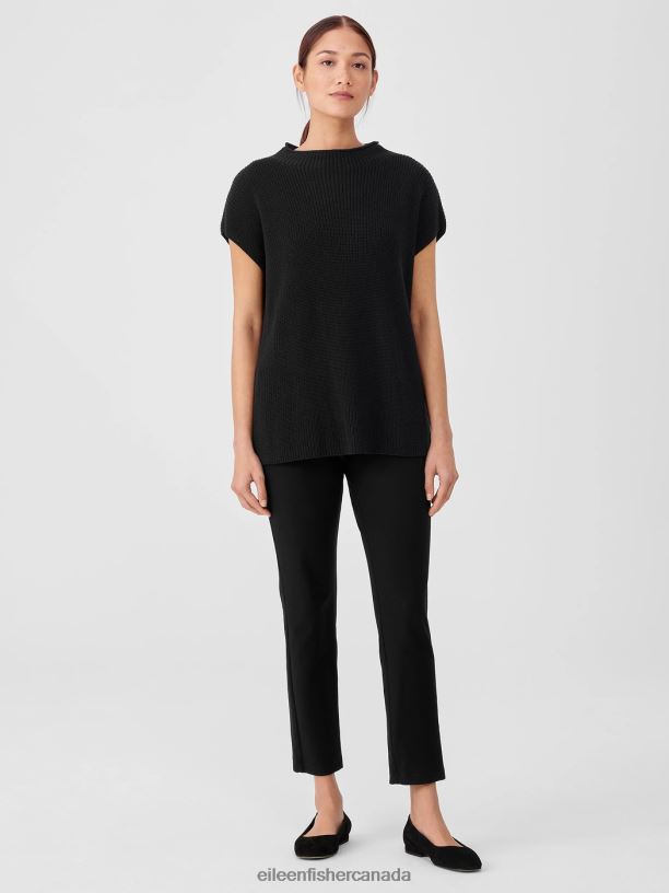 EILEEN FISHER Peruvian Cotton Blend Funnel Neck Top Boxy Fit Long Length Women BLACK Clothing 024FN429