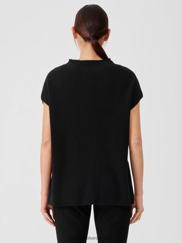 EILEEN FISHER Peruvian Cotton Blend Funnel Neck Top Boxy Fit Long Length Women BLACK Clothing 024FN429