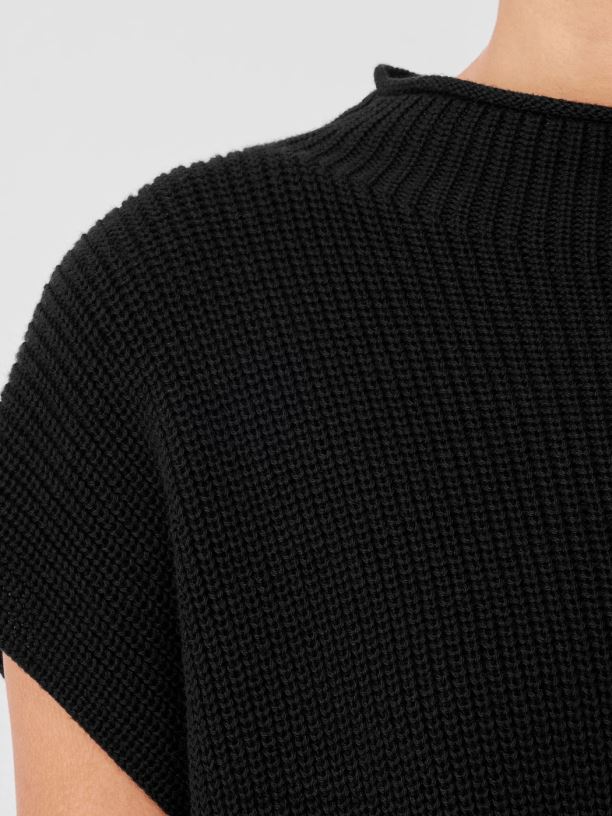 EILEEN FISHER Peruvian Cotton Blend Funnel Neck Top Boxy Fit Long Length Women BLACK Clothing 024FN429