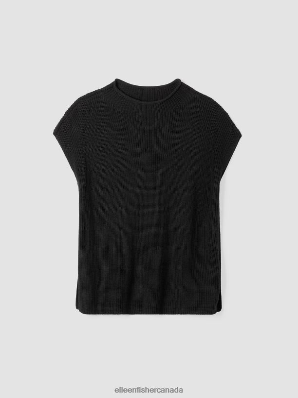 EILEEN FISHER Peruvian Cotton Blend Funnel Neck Top Boxy Fit Long Length Women BLACK Clothing 024FN429