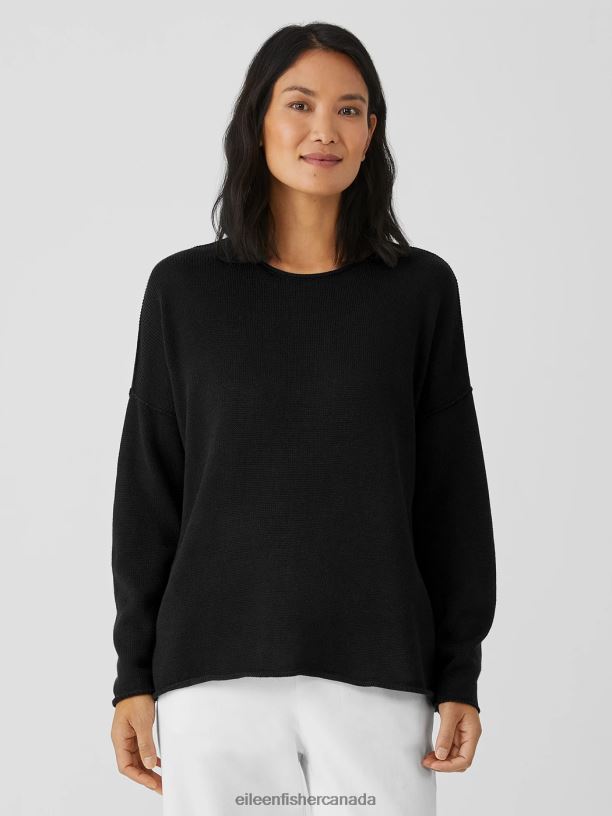 EILEEN FISHER Peruvian Organic Cotton Blend Crew Neck Top Boxy Fit Basic Length Women BLACK Clothing 024FN483