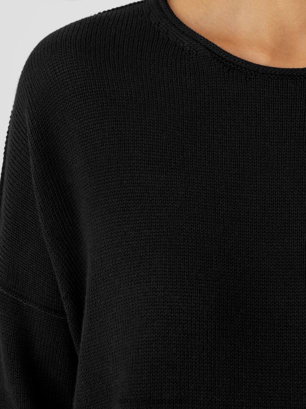 EILEEN FISHER Peruvian Organic Cotton Blend Crew Neck Top Boxy Fit Basic Length Women BLACK Clothing 024FN483