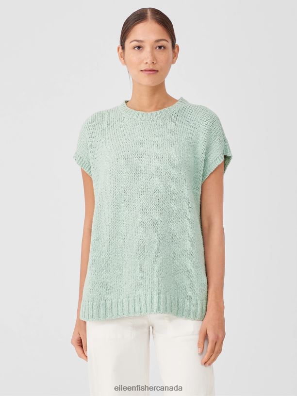EILEEN FISHER Peruvian Organic Cotton Crimp Crew Neck Top Boxy Fit Basic Length Women ABSINTHE Clothing 024FN413