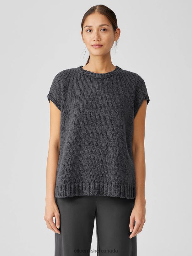 EILEEN FISHER Peruvian Organic Cotton Crimp Crew Neck Top Boxy Fit Basic Length Women GRAPHITE Clothing 024FN412