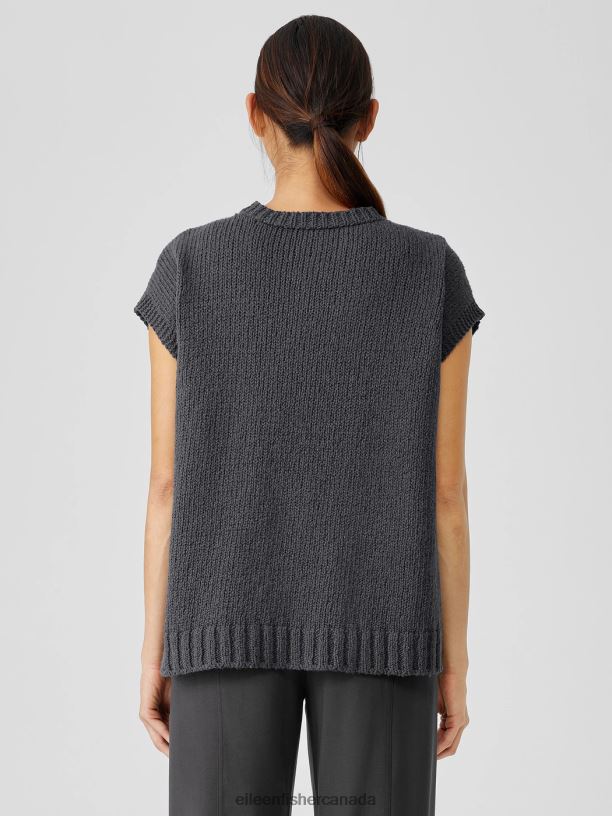 EILEEN FISHER Peruvian Organic Cotton Crimp Crew Neck Top Boxy Fit Basic Length Women GRAPHITE Clothing 024FN412