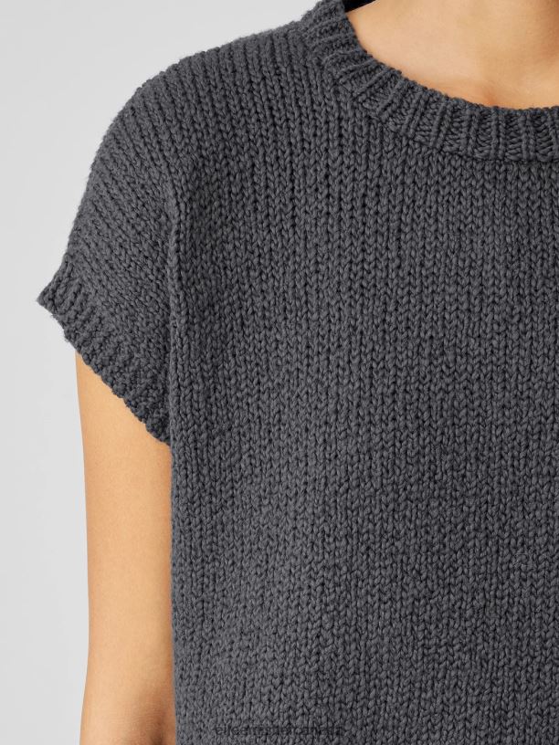 EILEEN FISHER Peruvian Organic Cotton Crimp Crew Neck Top Boxy Fit Basic Length Women GRAPHITE Clothing 024FN412