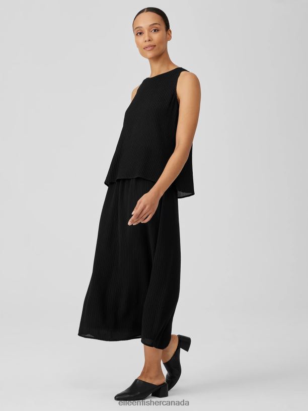 EILEEN FISHER Accordion Silk Jacquard Round Neck Tank Easy Fit Short Length Women BLACK Clothing 024FN29