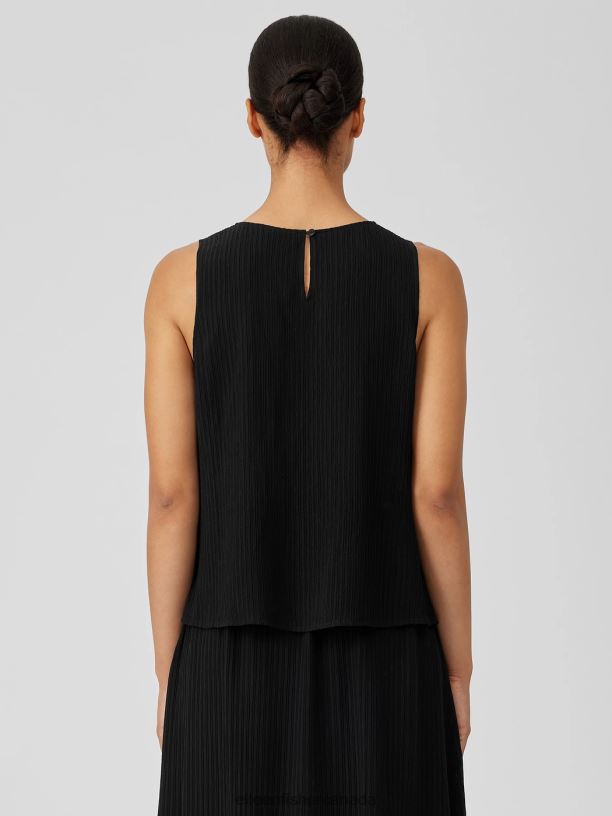 EILEEN FISHER Accordion Silk Jacquard Round Neck Tank Easy Fit Short Length Women BLACK Clothing 024FN29